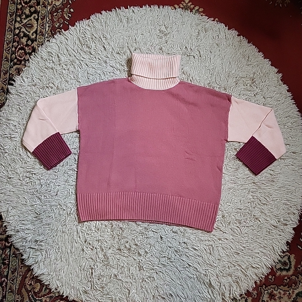 Garnet Hill Sweater Turtleneck Pink Colorblock Size Medium M Long Sleeve Cozy